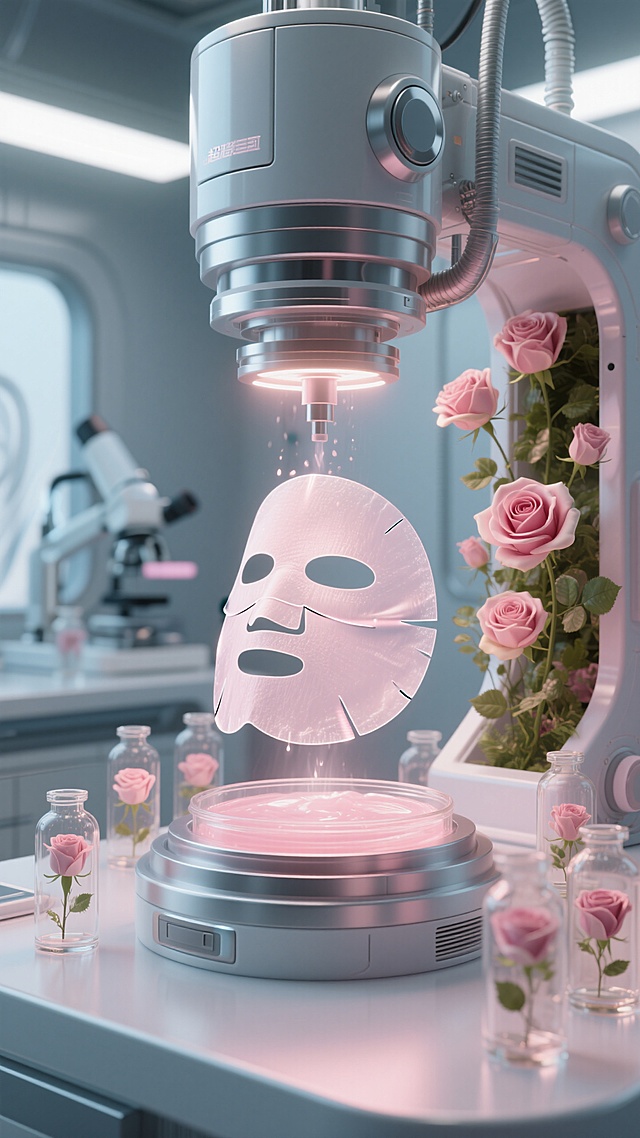 特写美妆实验室的机器中间正在悬浮制作一张半透明质地Q弹的淡粉色面膜 ；周围是微观玫瑰生态瓶；机器融合玫瑰生态元素；高级简约