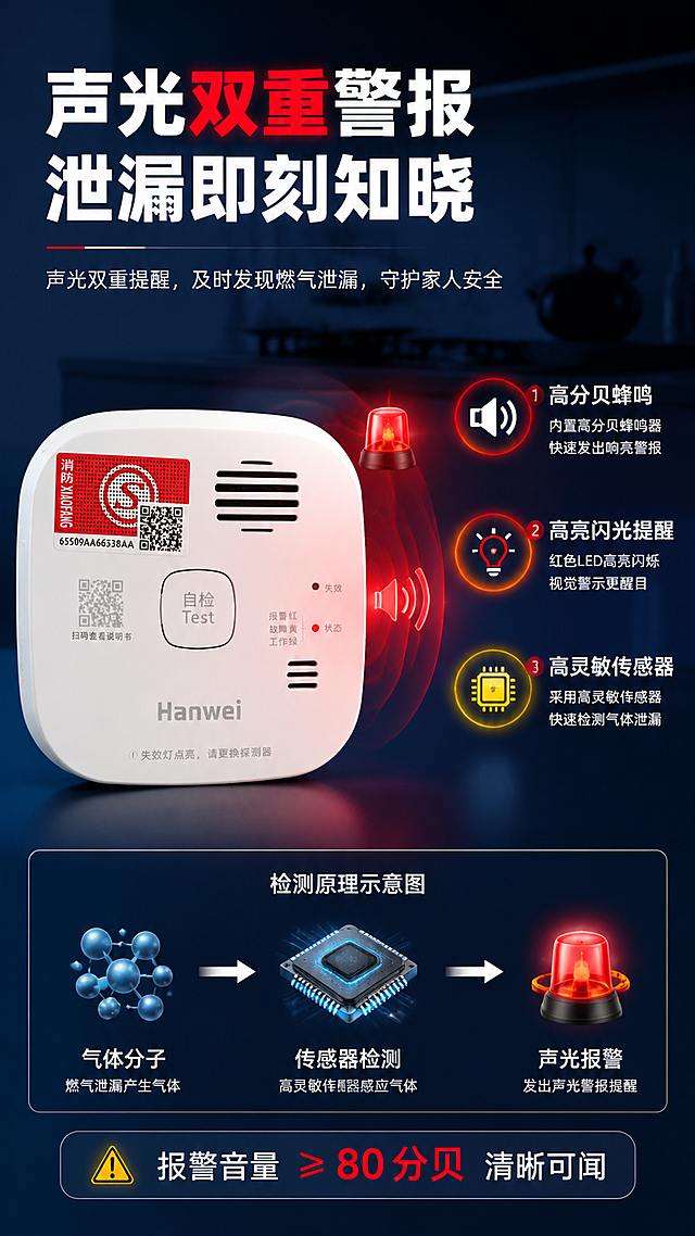 [第4张] 详情页功能演示-声光警报功能详解。本张使用【图1】作为产品主体，展示报警状态。
[氛围/风格] 功能演示风，动态感，科技专业，商业摄影质感。
[元素布局] 产品位于画面左侧中部，占比约40%，正面展示，外观与输入图一致；产品右侧有红色闪光波纹效果模拟声光报警，有喇叭声波图标和灯光闪烁示意；右侧区域为功能说明区，有检测原理示意图（气体分子→传感器→报警）；背景为深蓝色渐变，有微弱的厨房场景虚化。
[光影质感] 产品正面受光清晰，右侧有红色报警光效投射，整体有科技动感，明暗层次丰富。
[配色色系] 全局底色 #163A6E 深蓝；主色白色产品+红色报警光效；辅助色黄色警示元素、白色说明文字。
[视角构图] 左产品右说明的横向布局，阅读动线从左产品报警状态 → 右侧原理说明。
[文字版式] 顶部主标题「声光双重警报」，副标题「泄漏即刻知晓」；右侧分三点说明：「高分贝蜂鸣」「高亮闪光提醒」「高灵敏传感器」；每点配小图标；底部有一行补充说明「报警音量≥80分贝 清晰可闻」；黑体字，白色为主，重点词红色高亮。
[比例分辨率] 9:16 竖版比例，4K 分辨率，文字清晰可辨，高清画质。
[负向提示词] 产品变形，缺件错件，颜色偏差，水印，文字错乱，产品图模糊，光效过度刺眼。