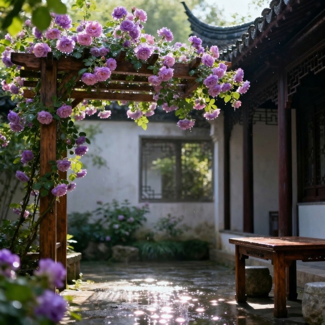 去掉图中的水晶珠帘，保留其他元素不变，花架下方保持通透的庭院空间感预览效果