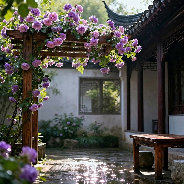 水晶帘动微风起，满架蔷薇一院香