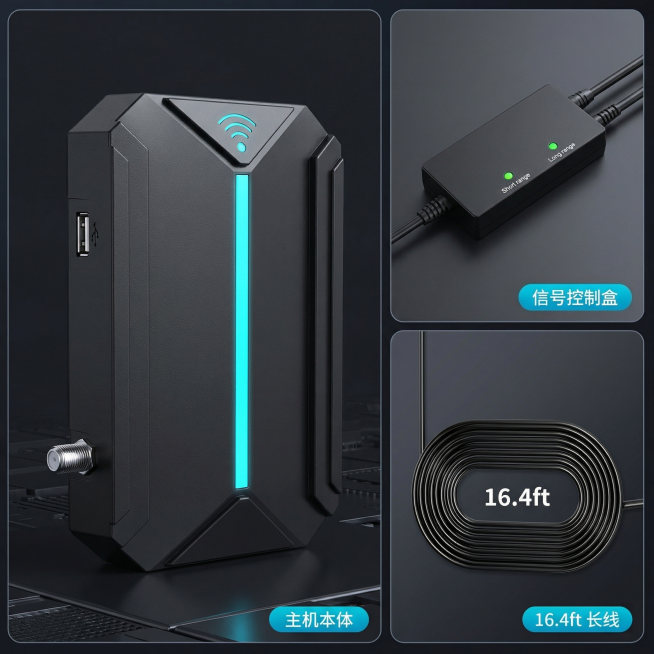 [主图 3] 产品结构细节与配件展示主图
[氛围/风格] 专业清晰，科技质感，细节突出。
[画面元素] 商业摄影质感、光线柔和通透、产品清晰真实、画面干净高级。整体采用画中画版式，左侧大区域展示放大器预览效果