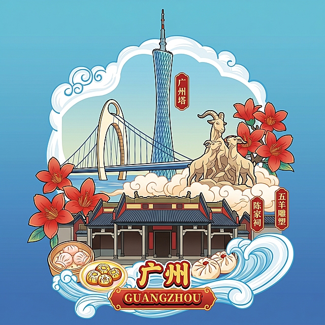参考当前图片的国潮插画风格，重新生成相同构图的城市地标插画，改为展现广州城市文化特色，包含广州塔、陈家祠、猎德大桥、五羊雕塑，搭配木棉花和早茶点心，底部添加文字'广州' 'GUANGZHOU'