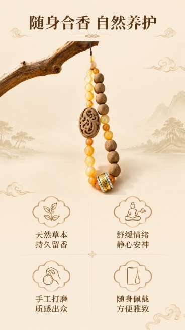 [第5屏] 功效特点页-伊偕草本合香珠手机链核心价值介绍。本屏搭配【图1】产品全景展示。
[标题版式] 标题顶部居中，下方2×2宫格展示四个功效点，标题加粗，每个功效配中式云纹图标，整体排版规整。
[预览效果