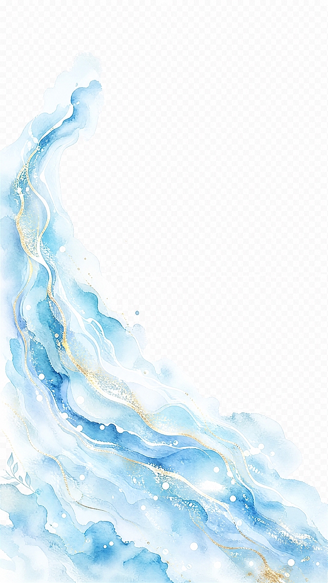 透明背景，水彩风格，蓝白渐变的流动波浪形态，从左下向右上延伸的金色流线纹理，点缀白色圆点和金色闪粉颗粒，画面上方和右侧留出大面积空白区域，无水印无LOGO，整体清新梦幻的水彩质感，透明底PNG格式