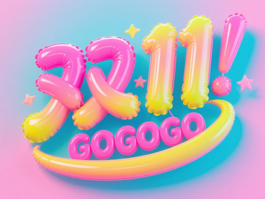 3D充气字体设计“双11 GOGOGO”字样，亮粉色 + 荧光黄渐变，表面带细腻光泽（类似原图立体字的胶质反光），字体膨胀饱满，粉色背景预览效果