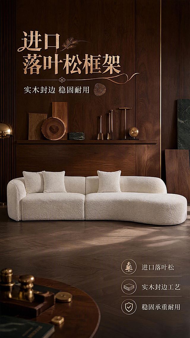 第6张 进口落叶松实木框架卖点页-月亮弧形沙发稳固耐用展示。本张使用【图1】作为商品主体，保持沙发外观、弧形轮廓、面料颜色完全一致，不改变产品比例尺寸，不展示内部结构。
氛围/风格：匠心工艺品质感，高级沉稳，无人物，不展示内部框架结构。
元素布局：月亮弧形沙发置于画面中央，占比约50%；沙发底部有柔和的光影表现稳固感；背景为高级木作工作室风格场景，整面木饰面墙面，旁边摆放精致的实木工艺品、木纹样板、黄铜工具摆件；画面用木纹纹理装饰元素与金属质感线条点缀，体现实木品质；不展示沙发内部框架，只通过场景与元素烘托实木框架的品质感。沙发外观与输入图一致。
光影质感：侧上方暖光聚焦沙发，背景稍暗，突出主体，木纹质感清晰，光影沉稳高级。
配色色系：全局底色深暖灰#E8E2D9；主色米白沙发；辅助色胡桃木色、黄铜金、深棕；点缀色墨绿色。
视角构图：正面微仰视，沙发居中，阅读动线顶部标题→沙发主体→底部工艺文案。
文字版式：左上艺术字主标题「进口落叶松框架」，字体带木纹质感装饰花样；副标题「实木封边 稳固耐用」；右下配三行工艺文案：「进口落叶松」「实木封边工艺」「稳固承重耐用」，每行配简约图标。文字不遮挡沙发主体。
比例分辨率：9:16竖版，4K分辨率，文字清晰可辨，高清画质。
负向提示词：内部结构展示，框架裸露，剖面展示，人物，沙发变形，水印，文字错乱，尺寸标注。