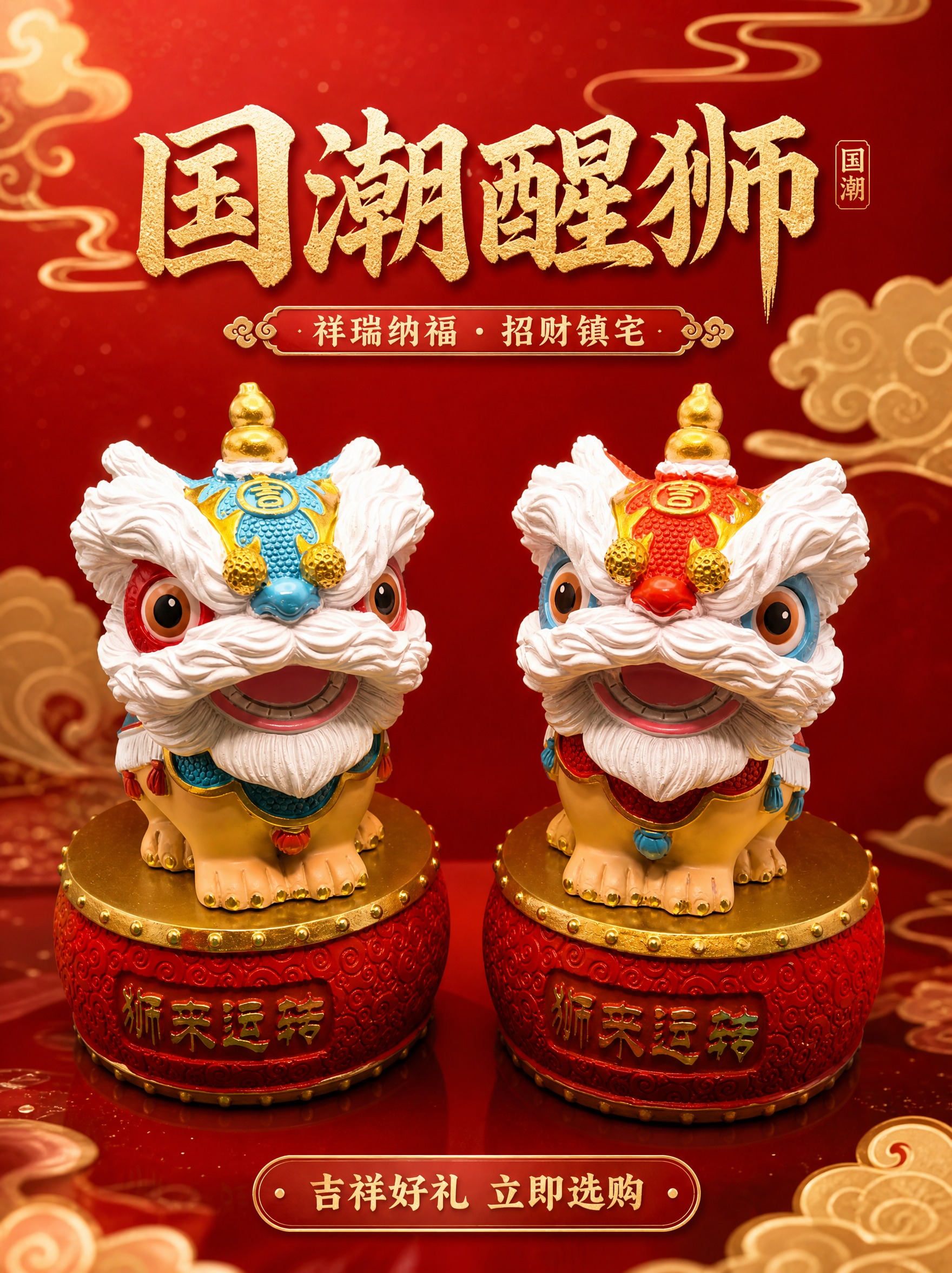 国潮醒狮摆件详情页首图，喜庆风格。画面中央红蓝两只醒狮树脂摆件… - 图片创意预览