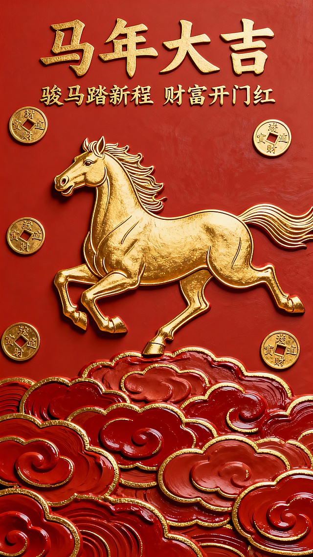国潮风浮雕设计，鎏金骏马踏祥云，重拟物质感结合古典纹样，红金配色尽显喜庆与中式韵味，寓意马年大吉、财富亨通。