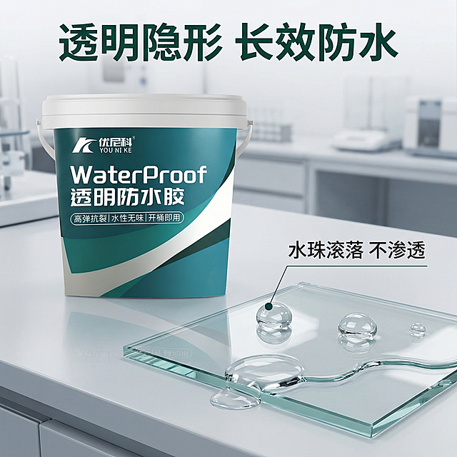 [主图 2] 透明防水胶防水性能演示，突出防水核心功能
[氛围/风格] 真实实验场景，清晰直观，专业可信。
[画面元素] 产品桶放置在画面左上区域，右下部分做防水实验，水珠在涂刷过防水胶的玻璃表面滚落，不沾水不扩散，清晰演示疏水效果；保留原产品包装外观和文字完全不变，背景为干净实验室台面。
[配色色系] 主色调：干净浅灰色台面，产品深青绿色，辅助透明水珠效果。
[视角构图] 平视拍摄，产品和实验分区域展示，构图平衡。
[文字版式] 顶部中央主标题“透明隐形 长效防水”加粗深绿色；左下产品展示区域标注产品名称，右下实验区域以细线引线标注“水珠滚落 不渗透”白色字配深色半透底板；一图一重点，文字简洁不遮挡主体。
[比例分辨率] 1:1 比例，2k 分辨率