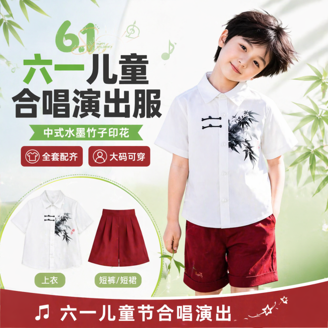 淘宝主图，简约风格，六一儿童合唱演出服，主题为六一儿童节合唱演出，服装是白色短袖衬衫搭配酒红色短裙和酒红色短裤，中式水墨竹子印花，展示男童单人穿着效果，排版吸睛，添加醒目的文案"六一儿童合唱演出服"，预览效果