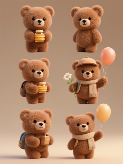一系列6个完全不同内容的棕色毛绒小熊玩偶，保持相同的3D超写实风格，每个小熊都有蓬松柔软的棕色毛发质感，圆润的耳朵，黑色大眼睛和黑色小鼻子，纯色背景，规整排布，每个小熊的姿态和手持物品各不相同，有的抱着蜂蜜罐，有的戴着小帽子，有的拿着小花，有的背着小书包，有的戴着围巾，有的举着气球，整体画面充满可爱温馨的氛围，细节精致，光影柔和，立体感强。预览效果