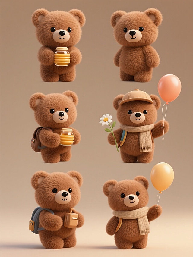 一系列6个完全不同内容的棕色毛绒小熊玩偶，保持相同的3D超写实风格，每个小熊都有蓬松柔软的棕色毛发质感，圆润的耳朵，黑色大眼睛和黑色小鼻子，纯色背景，规整排布，每个小熊的姿态和手持物品各不相同，有的抱着蜂蜜罐，有的戴着小帽子，有的拿着小花，有的背着小书包，有的戴着围巾，有的举着气球，整体画面充满可爱温馨的氛围，细节精致，光影柔和，立体感强。