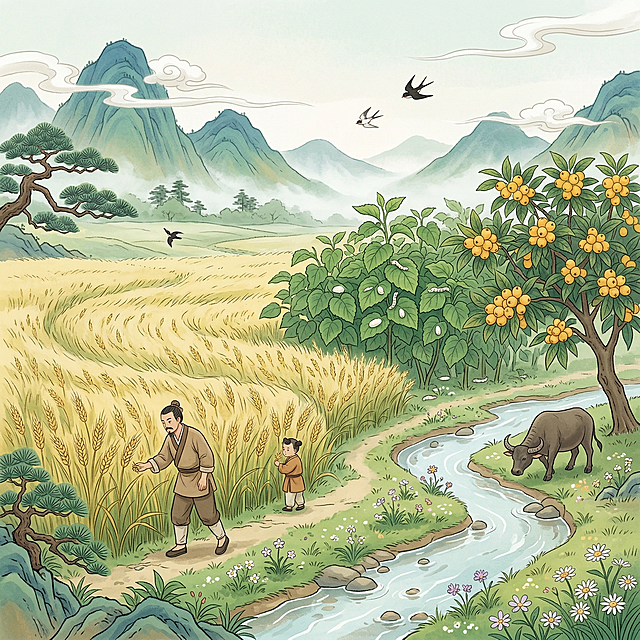 参考上传图片的新中式国潮插画风格，画面展现小满时节田园景象：麦穗初黄，灌浆未满，风吹麦浪如波。桑叶肥厚，蚕食沙沙，新茧初成。枇杷满枝金黄，溪流潺潺，野花点缀田埂。远山青翠，白云悠然，万物小得盈满。采用没骨法渲染麦芒的纤细与桑叶的肥润质感，整体以石绿为主调，点缀淡黄与赭石色，充满生机，国风氛围感浓厚