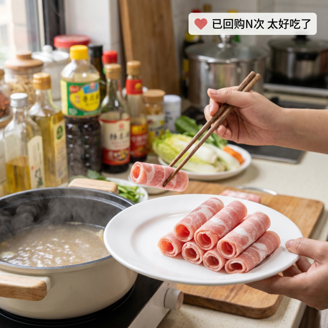 [主图 9] 真实买家秀风格，建立口碑信任；[氛围风格] 真实生活化买家秀风；[画质] 真实生活化摄影质感，自然清晰；[元素] 模拟家庭厨房真实场景，用户盛出牛肉卷准备下锅，保持牛肉卷纹理颜色与原图一预览效果
