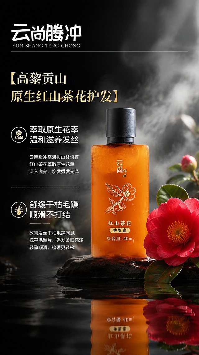 [第4屏] 护发素单品卖点展示板块，突出红山茶花植萃柔顺护发功效。本屏使用护发素产品图作为主体。
[氛围/风格] 暗调高级国风，水润静谧氛围感，自然森系质感，柔和光影带水雾效果。
[元素布局] 护发素产品居中，占画面约50%；右侧特写一朵盛开红山茶花，背景带朦胧山雾气，底部水面清晰倒映产品轮廓；保留产品外观和文字与原图完全一致。左侧文字区介绍原料来源和护发功效。
[光影质感] 侧光柔打，产品轮廓清晰，瓶身琥珀质感通透，背景虚化带雾气层次。
[配色色系] 深灰黑色背景，主色琥珀棕瓶身，正红花朵，白色文字，金色描边突出标题。
[视角构图] 正面居中，左侧文字右侧产品+花卉，构图平衡，阅读动线清晰。
[文字版式] 顶部品牌名"云尚腾冲"白色加粗，分割线分隔，主标题"【高黎贡山原生红山茶花护发】"，分点说明："萃取原生花萃 温和滋养发丝""舒缓干枯毛躁 顺滑不打结"，重点文字加粗高亮，字体为简约宋体国风，排版分区清晰。
[比例分辨率] 9:16竖版比例，4K分辨率，文字清晰可辨，高清画质。
[负向提示词] 产品变形，缺字错字，颜色偏差，文字模糊，背景杂乱