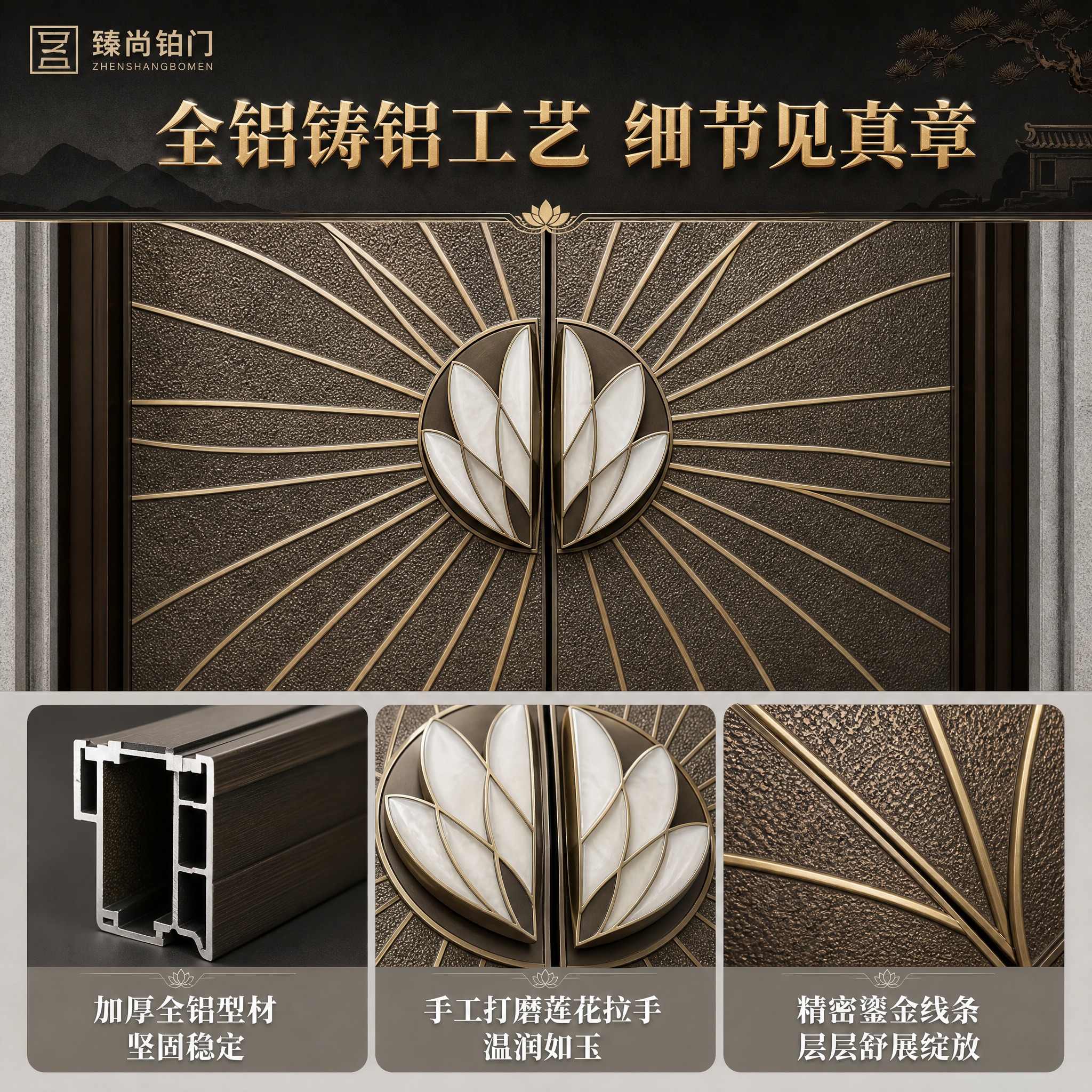 [主图-3] 材质与工艺细节图，重点展示全铝铸铝肌理、莲花拉手… - 图片创意预览