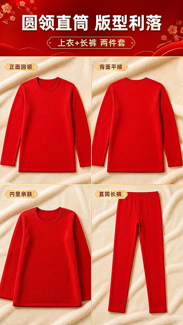 [商品] 使用【图1】中的红色德绒保暖秋衣秋裤套装；商品处理：保留圆领、长袖、直筒长裤的版型比例、正红颜色、无痕领口袖口脚口工艺与德绒绒面；自然理顺平铺褶皱，增强缝线、裁剪线与绒面质感，展示上衣正面、上衣背面、上衣内里与长裤四个视角，不改变结构、颜色与比例；不出现人物、模特或人体局部。
[画面] 页面目标：看清套装版型与做工；构图骨架：四宫格平铺俯拍，左上上衣正面、右上上衣背面、左下上衣内里、右下长裤，每格产品占该格约75%，格间用细金线分隔；俯拍景别；阅读动线按格序推进；前景为平整熨贴的织物，中景为四格产品，后景为暖白米绒面台面与虚化暖红渐变，形成3层空间；无模特。
[视觉] 套系策略：风格=中国红节日质感商业静物实拍；标题字=现代黑体粗体；正文字=细黑体；主色=本命年正红；背景延展=正红深浅渐变与暖白米绒感织物纹理；强调色=暖金，仅用于小面积图标、引线、标签；标题色=暖白与正红叠加；正文色=暖深灰；组件=圆角暖白信息卡、细金线引线、圆角标签；光影=左上暖柔光加侧逆轮廓光。
[文字] 顶部主标题「圆领直筒 版型利落」，副标题「上衣+长裤 两件套」，四格标签「正面圆领」「背面平顺」「内里亲肤」「直筒长裤」；文字横向排版，置于每格留白边角，不遮挡产品。
[规格] 图片比例9:16竖版，4K，避免人物、手部、平台Logo水印二维码、变形、错字、文字过小、冷蓝或冷灰成为主色、竖排文字。