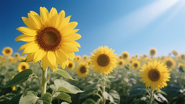一片向日葵花田，画面以写实风格呈现，主色调为明亮的黄色和深邃的蓝色，阳光明媚，光线从上方照射下来，形成清晰的光影效果，向日葵的花瓣质感细腻，花蕊呈棕色，充满生机与活力。