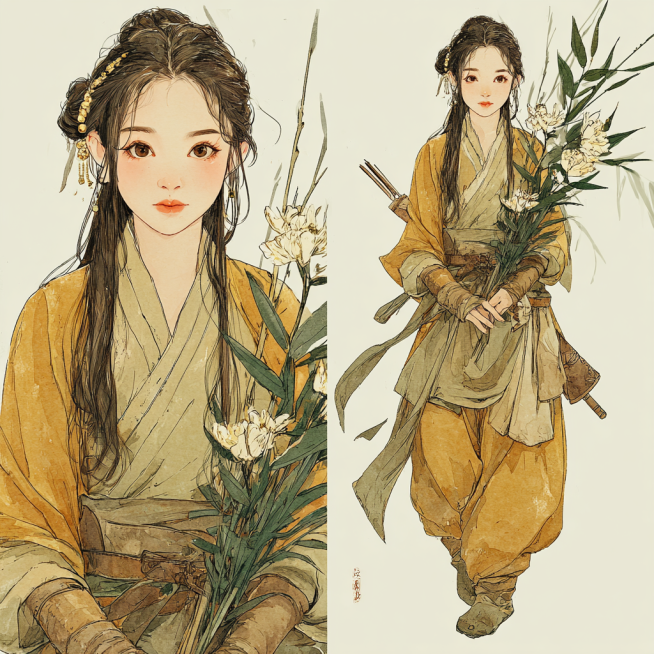 “五代偏梳朵子髻变体，延续盛唐朵子髻结构（左侧梳偏，顶部堆朵子），但朵子插鲜花形饰品（绢花牡丹，花瓣带露珠）+柳枝编饰（细柳条缠绕发髻）；发丝间夹杂几缕真实柳枝（带绿叶）；身着土黄色窄袖胡服（翻领、束预览效果