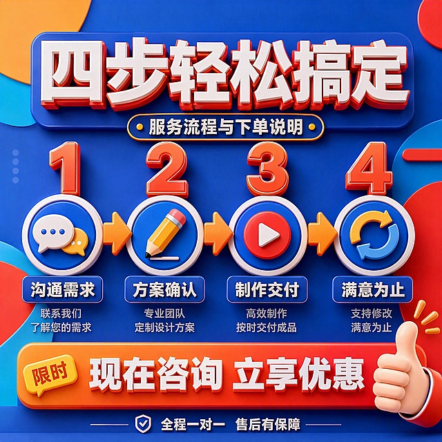 [主图-5] 服务流程与下单说明图，3D立体字风格延续。
[氛围风格] 活泼醒目3D立体字风格，四步流程清晰展示，促进下单转化，拼多多风格。
[画质] 商业3D渲染质感，流程图标精致，文字清晰。
[元素] 画面顶部是立体字大标题。中间是横向四步流程，每一步有一个大号3D数字序号（1、2、3、4），数字下方是圆形图标，图标下方是文字说明。四个图标分别为：1) 对话气泡（沟通需求） 2) 铅笔设计（方案定制） 3) 播放按钮（制作交付） 4) 循环箭头（修改调整）。步骤之间有橙色立体箭头连接。背景延续蓝橙几何拼接风格，底部有一个橙红色渐变促销条。右下角有一个竖起大拇指的3D手型图标，增加信任感。
[光影] 整体明亮均匀，数字和图标有明显立体感和高光，箭头有光泽感。
[配色] 主色深蓝背景，辅色橙红（数字、箭头、促销条），图标多彩但统一在蓝橙体系内。
[视角构图] 正面平视，顶部标题，中间四步横向流程，底部促销条，结构清晰引导下单。
[文字版式] 顶部主标题「四步轻松搞定」，3D立体白字红边。每个步骤：大号橙红色立体数字，下方白色小标题如「沟通需求」「方案确认」「制作交付」「满意为止」，再下方灰色小字说明。底部橙红色促销条上白色大字「现在咨询 立享优惠」，左侧有黄色小标签「限时」。右下角有小字「全程一对一 售后有保障」。所有文字清晰可读。
[输出要求] 1:1比例，文字清晰锐利，超高清3D渲染质感。
[负向提示词] 变形，文字错乱，模糊，背景杂乱，水印，电商平台Logo。