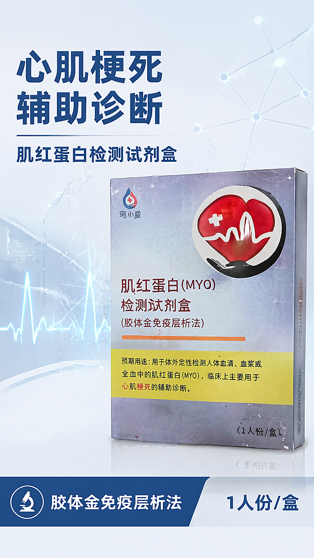 [第1屏] 拼多多详情页头图，肌红蛋白(MYO)检测试剂盒主视觉宣传图。本屏使用【图1】作为商品主体。
[氛围/风格] 专业医疗科技风格，浅蓝科技感背景，清晰严谨，商业医疗设计质感，适配拼多多平台接地气直白风格
[元素布局] 试剂盒包装放置在画面右侧中上位置，占比约65%-70%；左侧预留标题区，背景带有淡蓝色科技网格与光点装饰，保证产品包装文字信息、logo、外观结构、颜色均与输入产品图一致。
[光影质感] 左侧柔和冷光照明，右侧自然投影，产品包装保留清晰轮廓与印刷质感，整体明亮干净，专业医疗氛围
[配色色系] 全局底色 #F0F5FA；主体保持产品原有蓝、红、黄配色；辅助色深蓝色标题、浅灰色网格装饰
[视角构图] 正面平视，产品为绝对视觉中心，阅读动线左上标题 → 右侧产品 → 底部信息条
[文字版式] 版式为左上主标题 + 右侧产品 + 底部信息栏。主标题"心肌梗死辅助诊断"，副标题"肌红蛋白检测试剂盒"，加粗深蓝色字体左对齐；底部左侧卖点"胶体金免疫层析法"，右下角标注"1人份/盒"，文字不遮挡产品主体，清晰可读
[比例分辨率] 9:16，4K，文字清晰可辨
[负向提示词] 产品包装变形，缺件错件，文字错乱，产品模糊，颜色偏差，水印，广告诱导按钮，极限词，背景杂乱