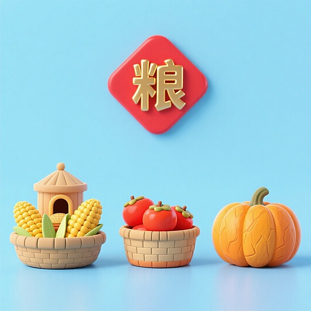 4个中秋素材组合，可爱电商促销感。素材包括：第一个粮仓（贴着带有 “粮” 字的红色菱形福字）；第二个一筐玉米；第三个一筐柿子；第四个南瓜。画面整体呈现鲜艳效果，淡蓝色背景。上下两行，排列整齐