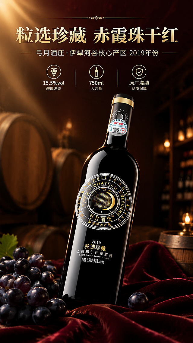 [商品] 使用【图1】弓月酒庄粒选珍藏赤霞珠干红葡萄酒2019；保留瓶身黑色瓶体、金色圆形徽章Logo、"CHATEAU CRESCENT"英文、"弓月酒庄"中文、"伊犁河谷产区"字样、"粒选珍藏"文字、酒精度15.5%vol、净含量750ml、瓶颈原厂灌装防伪标；瓶身结构、比例、颜色、材质、所有文字和图案完全保真，仅做光影质感增强。
[画面] 目标：高端红酒头图海报，突出珍藏级品质与品牌调性；构图：上文下图，产品居中偏下，瓶身占画面约55%，瓶身微仰45度角展示正面；前景：散落的赤霞珠葡萄和深色丝绒布；中景：红酒瓶主体；背景：虚化的高端酒窖/橡木桶暗调环境，暖金色聚光灯从左上方打下，营造轻奢氛围感；阅读动线：顶部标题→中部副标题→底部产品。
[视觉] 套系策略：风格=高端轻奢商业红酒摄影；标题字=经典衬线粗体（宋体类）；正文字=现代简洁无衬线体；主色=深邃酒红+炭黑；背景延展=基于深酒红/炭黑做渐变层次、暗金纹理质感；强调色=香槟金，仅用于小面积图标、引线、标签和装饰线条；标题色=香槟金；正文色=米白色；组件=细金线分割、圆角深色信息卡、金色图标；光影=左前侧暖金聚光，瓶身高光清晰，暗部有细节。
[文字] 顶部居中主标题「粒选珍藏 赤霞珠干红」，副标题「弓月酒庄·伊犁河谷核心产区 2019年份」；主标题下方3个金色图标短卖点：「15.5%vol 醇厚酒体」「750ml 大容量」「原厂灌装 品质保障」；文字区不遮挡瓶身主体和Logo。
[规格] 图片比例9:16竖版，4K分辨率，负向提示：避免瓶身变形、文字错乱、颜色偏差、低画质、模糊、水印、二维码、极限词、冷蓝调背景。