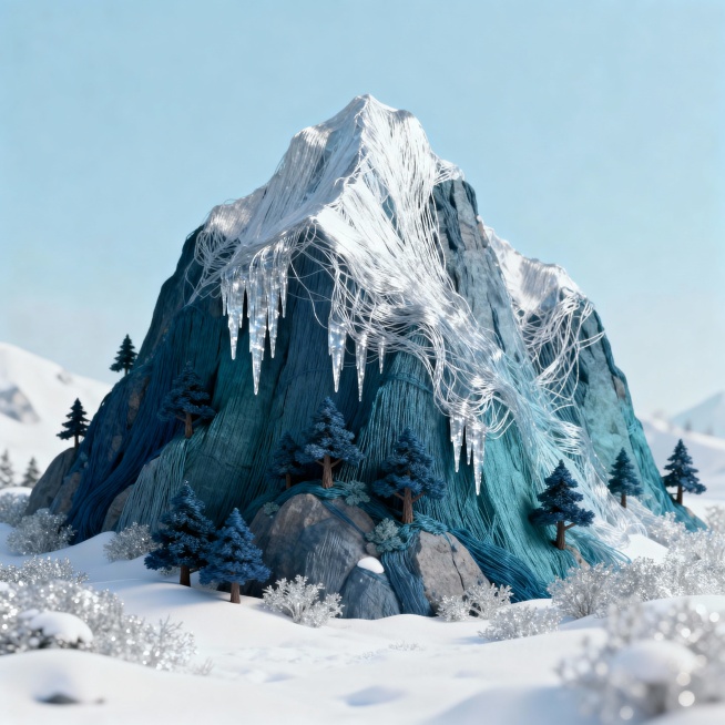 陡峭雪山覆雪，岩壁挂冰锥，耐寒松扎根，配色深青蓝 + 银白，壮阔冬日景象。预览效果