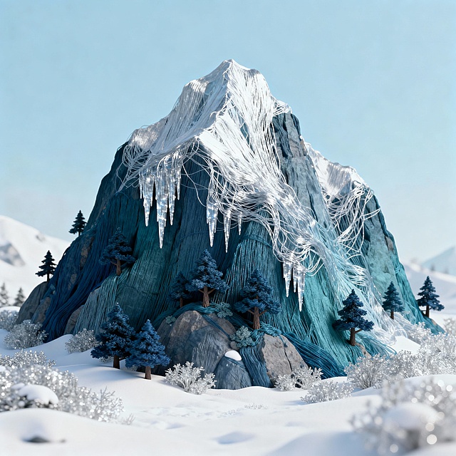 陡峭雪山覆雪，岩壁挂冰锥，耐寒松扎根，配色深青蓝 + 银白，壮阔冬日景象。