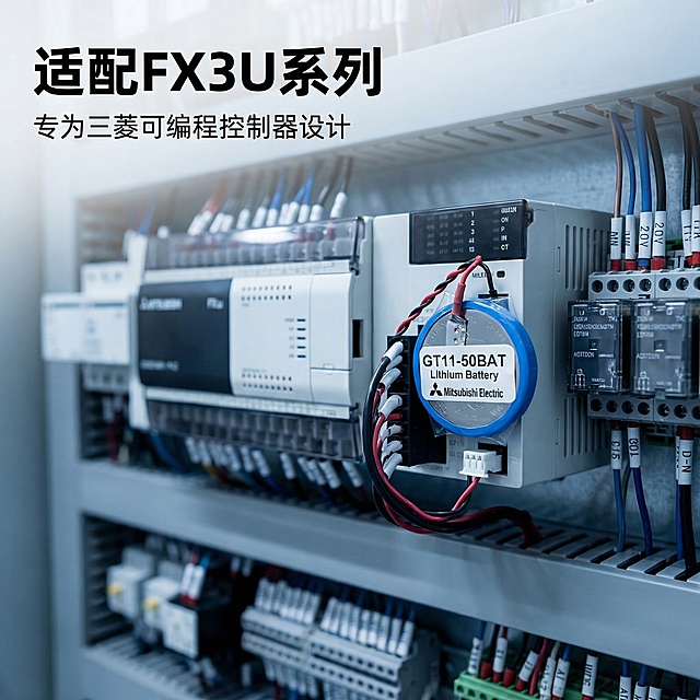 [主图4 场景适配] 三菱FX3U-32BL PLC电池，安装在PLC控制柜场景中，展示真实使用场景，专业3C工业风。浅景深效果，主体电池清晰，背景控制柜虚化突出产品，冷调工业光影，整体风格保持统一。文字排版：左上角主标题 "适配FX3U系列" 黑色粗体，下方小字 "专为三菱可编程控制器设计"，文字不遮挡产品主体，保持构图平衡透气。