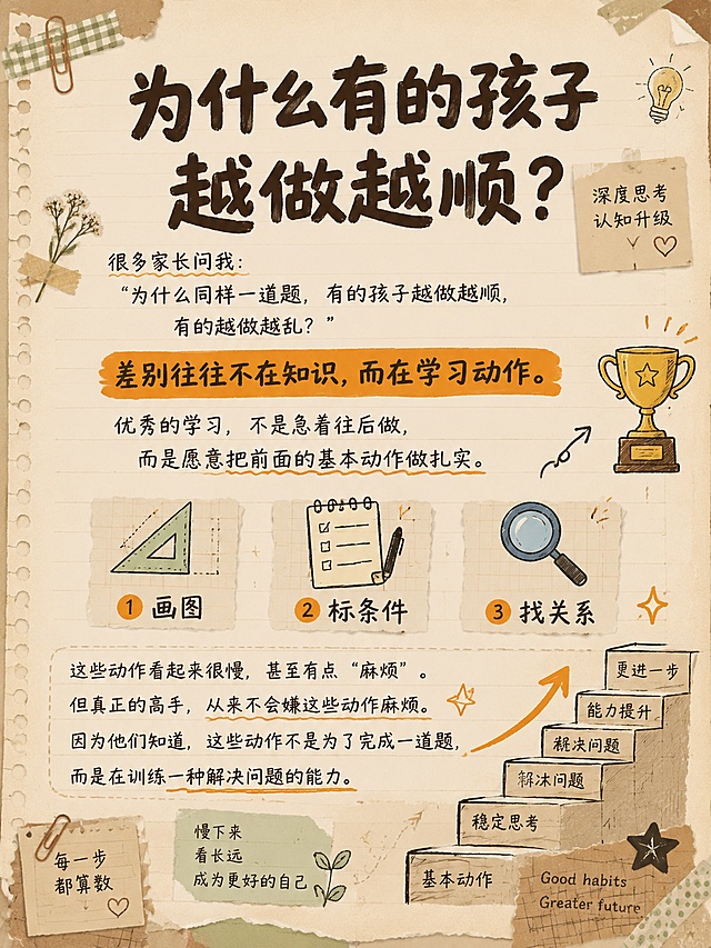小红书笔记内页贴图，手账拼贴风格，教育深度认知主题，版式精美。标题：「为什么有的孩子越做越顺？」，粗黑手写体，深棕色。开头：「很多家长问我：」「为什么同样一道题，有的孩子越做越顺，有的越做越乱？」。核心观点用橙色色块高亮：「差别往往不在知识，而在学习动作。」。正文：「优秀的学习，不是急着往后做，」「而是愿意把前面的基本动作做扎实。」。三个要点带图标：「📐 画图」「📝 标条件」「🔍 找关系」。然后：「这些动作看起来很慢，甚至有点'麻烦'。」「但真正的高手，从来不会嫌这些动作麻烦。」「因为他们知道，这些动作不是为了完成一道题，」「而是在训练一种解决问题的能力。」。背景：浅米色笔记本纸张。装饰：阶梯向上的简笔画代表进步，奖杯图标，箭头向上。整体氛围：深度思考、认知升级。画质高清。
