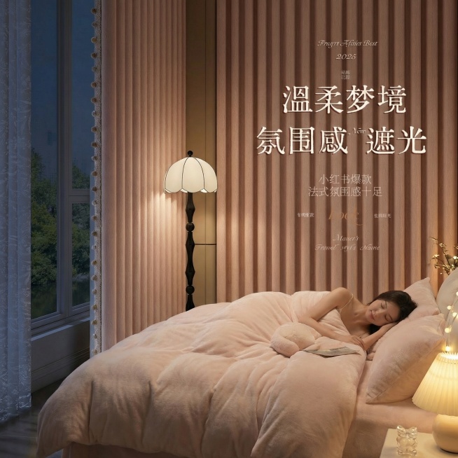 可以把室内的场景变暗一点，应该女人躺在奶油粉色床上睡觉预览效果
