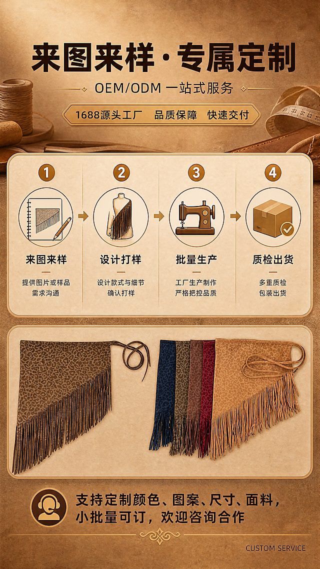 [商品] 使用【图5】深咖色豹纹屁帘和【图7】五色全家福；商品处理：保留压花豹纹、麂皮绒材质、流苏结构、系带设计；自然理顺流苏，不改变版型和颜色。
[画面] 页面目标：定制服务与合作流程说明，突出1688工厂定制能力；构图骨架：上中下结构，上方标题，中部4步定制流程，底部产品展示+合作号召；主体位置：中部流程图标占画面核心，底部产品辅助；景别：信息图+产品小图组合；阅读动线：从上标题到中流程，再到底部产品和号召；前中后景：前景信息卡片，中景流程图标，后景暖棕肌理背景；场景：工厂服务介绍页，专业可信的商务风格。
[视觉] 套系策略：风格=1688工厂批发风+复古时髦商业摄影；标题字=粗黑体中文标题+细体英文副标题；正文字=简洁无衬线体；主色=深棕/焦糖棕；背景延展=基于暖棕大地色系做深浅渐变、同色系肌理和麂皮绒质感层次；强调色=金棕色，仅用于小面积图标、引线、标签边框和装饰线；标题色=深棕近黑；正文色=中暖棕；组件=圆角浅棕信息卡、细金线引线、工厂印章式标签；光影=左前侧暖柔光，产品下方柔和投影。
[文字] 顶部主标题「来图来样 · 专属定制」，副标题「OEM/ODM 一站式服务」；中部4步流程横向排列，配图标和文字：「① 来图来样」「② 设计打样」「③ 批量生产」「④ 质检出货」；底部文字：「支持定制颜色、图案、尺寸、面料，小批量可订，欢迎咨询合作」；右下角小号英文「CUSTOM SERVICE」。
[规格] 图片比例9:16竖版，4K分辨率，负向提示：避免变形、错字、文字过小、冷蓝/冷灰背景、产品颜色改变、版型失真、白底孤立、平台Logo、水印、绝对化用语。