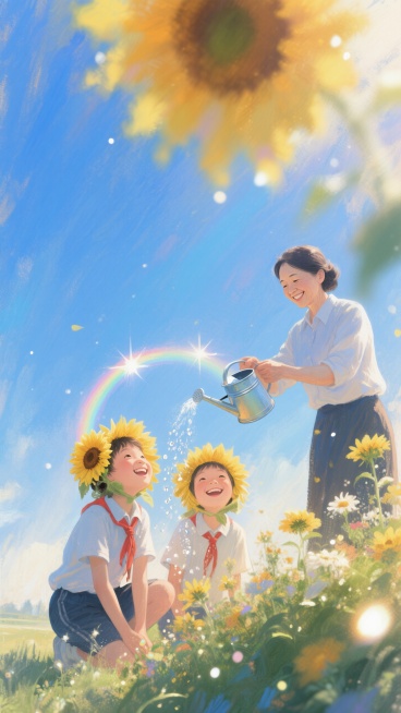 大面积蓝色渐变天空背景，边缘洒进一缕阳光。下方远景一位老师（老师不带向日葵头套）微笑着提着浇花壶，花壶对着两个小学生（戴向日葵头套，表情愉悦在笑着）头顶，学生蹲在花丛边，抬头。学生的头上洒下的水滴产生预览效果