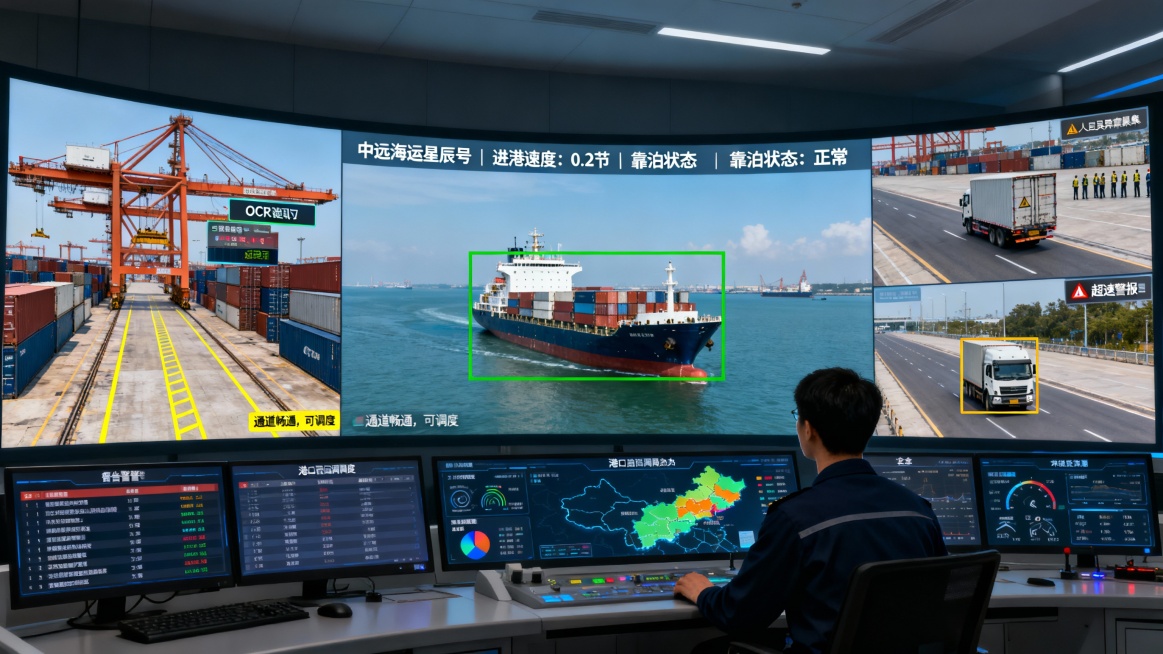 智慧港口中央控制中心，一名调度员正专注地凝视着巨大的弧形监控屏。屏幕被清晰地分割为多个实时智能分析画面：

主画面（船舶监控）：一艘集装箱船正在靠泊，其轮廓被绿色识别框锁定，旁边实时显示识别信息：“中预览效果