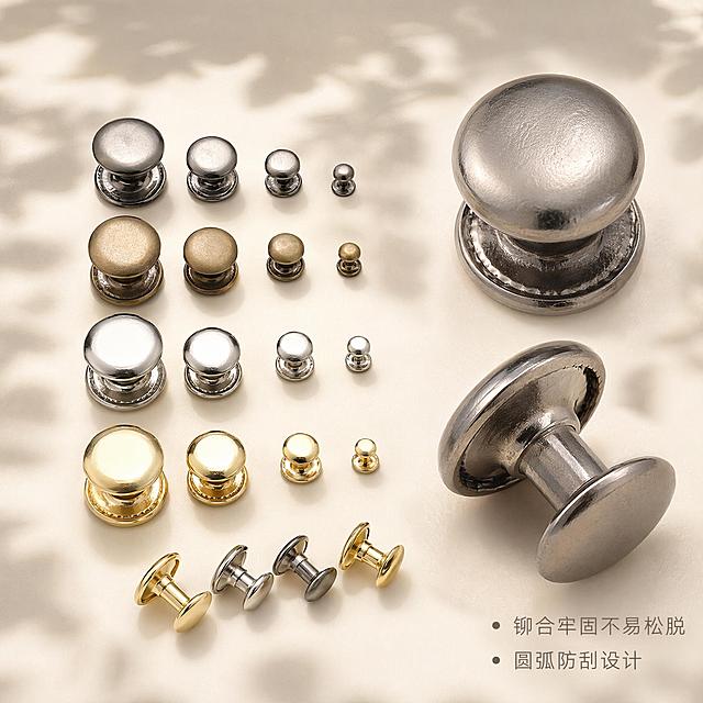 图生图，基于上传的双面金属铆钉扣产品图进行重绘，保持所有铆钉扣的造型、纹理、结构、颜色、尺寸比例完全不变，杜绝任何变形和色差。画面一侧整齐排布全套尺寸、多色系铆钉扣展示款式齐全，另一侧微距特写铆钉扣的蘑菇圆润顶面与加厚子母咬合结构细节，展现光滑电镀表层质感。背景为浅米白哑光柔光背景，搭配柔和树影斑驳漫射光斑，箱包DIY辅料简约高级氛围感。角落小字标注卖点：铆合牢固不易松脱、圆弧防刮设计。专业电商棚拍，柔和均匀照明，低反光，边缘压纹完整，中央连接位置准确，真实自然阴影。产品占画面80%左右。高清商业产品摄影，适配1688商品详情场景副图。1024×1024 1:1比例，高清写实，无水印、无电商平台Logo。