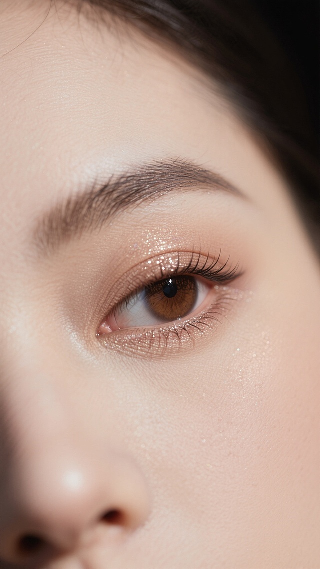 超写实主义人像特写摄影，聚焦女性眼睛区域，保留原图中自然细腻的肌肤质感、清晰的眉毛纹理和精致的睫毛细节，棕色虹膜底色与瞳孔的深邃感，以及柔和的自然光照明效果。改变眼睛造型为略带杏仁状的上扬眼型，神态呈现慵懒迷离的微醺感，眼周添加细腻的珠光眼影晕染层次，下眼睑点缀细碎的闪片，内眼角提亮呈现水润光泽，眼尾处增加几不可见的细纹肌理增添真实感，整体保持高清锐利的画质和通透的光影过渡。