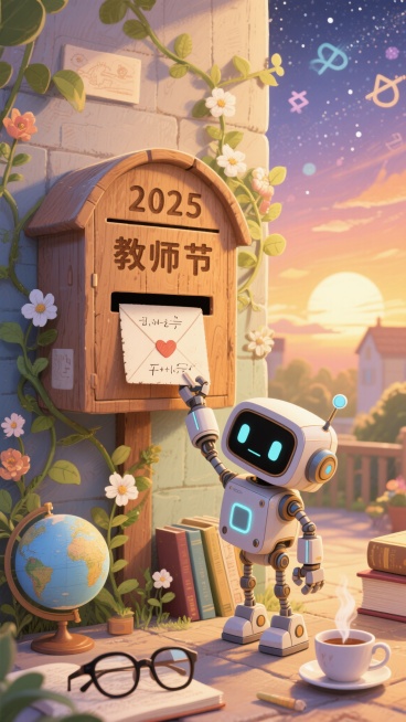 手绘插画风格，一个可爱的复古科技风小机器人，正将一封画着数学公式和诗句的信投入一个巨大的木质信箱，信箱上刻着“2025教师节”，信箱旁有藤蔓花朵生长。背景是温暖的夕阳和星空，星空由学科符号组成。周围散预览效果