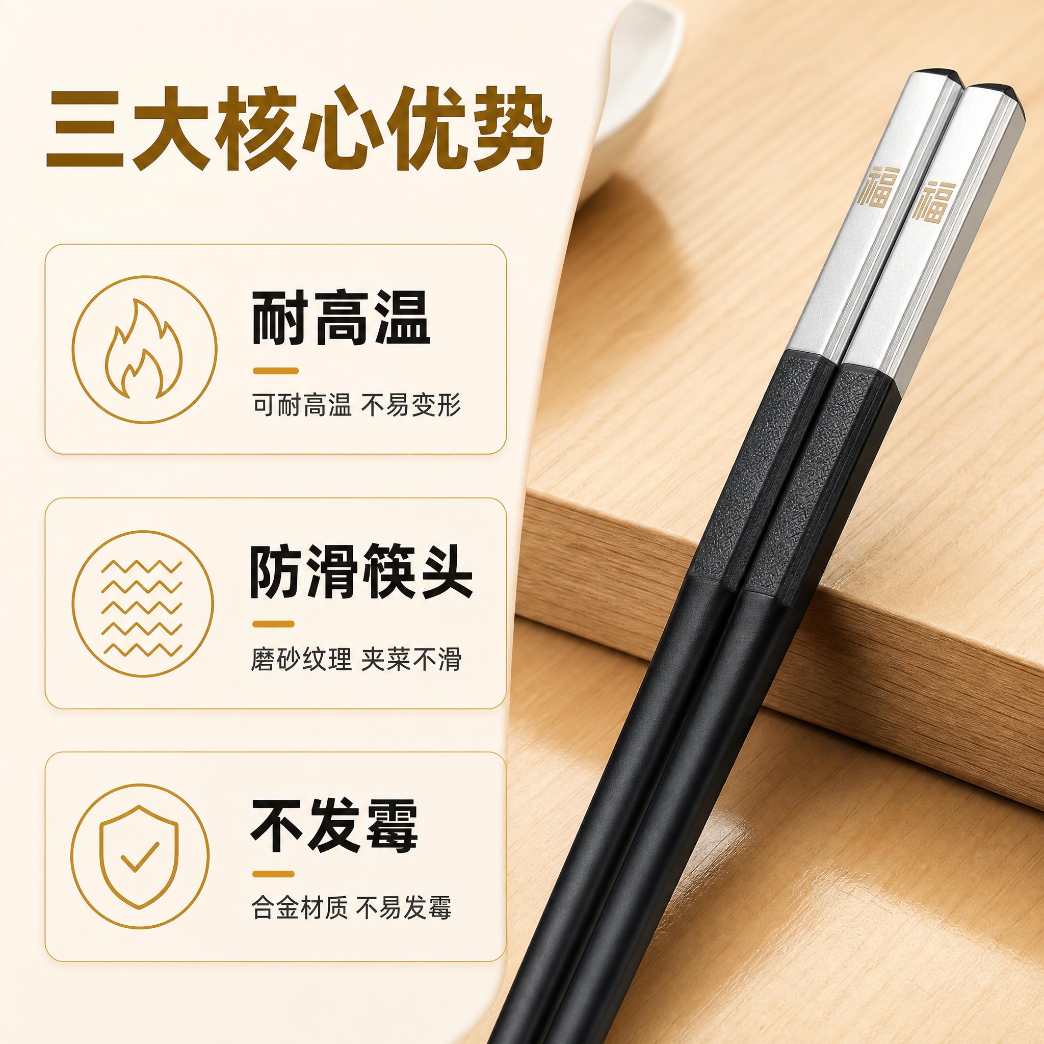 [主图-2] 核心亮点卖点图，展示合金筷耐高温、防滑、不发霉三… - 图片创意预览