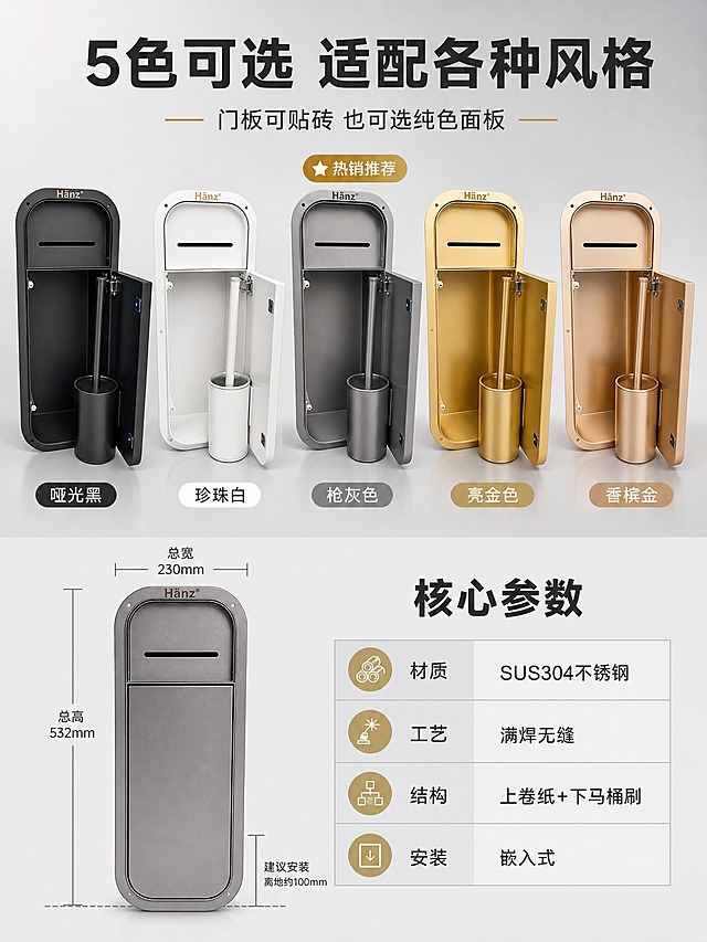 [主图-4] 多色选型+尺寸参数：5种颜色展示+核心规格，促进下单决策。
[统一基调] 风格=现代轻奢高级卫浴商业摄影风；背景主色=浅灰渐变干净底；标题字色=深炭灰；辅助字色=中暖灰；强调色=香槟金；字体=现代无衬线粗黑体（标题）+简洁无衬线体（正文）；组件=圆角色卡框、推荐标签、参数表格；整体简洁专业。
[画面] 上半部分标题+五色产品横排展示：哑光黑、珍珠白、枪灰色、亮金色、香槟金，五款同结构不同色，每款下方标注颜色名称，枪灰色加"热销推荐"香槟金标签。下半部分左侧产品正面图带尺寸引线标注（高532mm 宽230mm），右侧核心参数简表。
[光影质感] 正前方均匀柔光，各颜色质感真实呈现，金属色有细腻反光，纯色有哑光质感，整体干净通透。
[配色] 浅灰底，五色产品丰富画面，香槟金强调热销，整体和谐专业。
[文字版式] 顶部大主标题"5色可选 适配各种风格"，副标题"门板可贴砖 也可选纯色面板"。五色横排下方各标颜色名。下半部分左侧尺寸标注：总高532mm / 总宽230mm / 建议安装离地约100mm。右侧参数表：材质=SUS304不锈钢 / 工艺=满焊无缝 / 结构=上卷纸+下马桶刷 / 安装=嵌入式。文字横向排版，清晰易读。
[输出要求] 比例3:4竖版，2K画质，五色质感真实，参数清晰。禁止变形、错字、模糊、颜色失真、结构不一致、平台Logo。