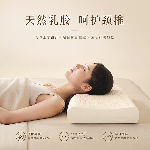 [枕头主图] 保持枕头形状不变形，完全匹配原始产品图的工学弧度和造型，让枕头平稳放置在床上，保持平整不扭曲。人物保持正常仰躺姿势，闭着眼睛自然安睡，姿势放松自然。调整构图，在画面顶部预留出充足干净的文字空间，背景用浅米色渐变，保证上方文字区域干净不杂乱，人物和枕头整体下移。保持枕头米白色、透气孔分布、天然乳胶材质完全和原始产品图一致，不改变形状不扭曲。文字排版保留顶部大标题、副标题和底部卖点，排版不拥挤，整体干净高级，商业摄影质感，暖调柔光。比例1:1，4K超高清分辨率。负向提示词：枕头变形，扭曲，枕头倾斜过度，人物姿势怪异，顶部文字空间不足，背景杂乱，水印，文字错乱