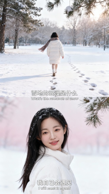 两宫格艺术感写真图，横向两宫格，场景为冬日落雪公园，色调呈冷白与浅粉渐变，地面铺雪，松枝挂雪。画面主体为参考图少女穿白色羽绒服。
上图：少女背影走在雪地，脚印延伸，围巾飘起，添加中英字幕 “雪地的浪漫预览效果