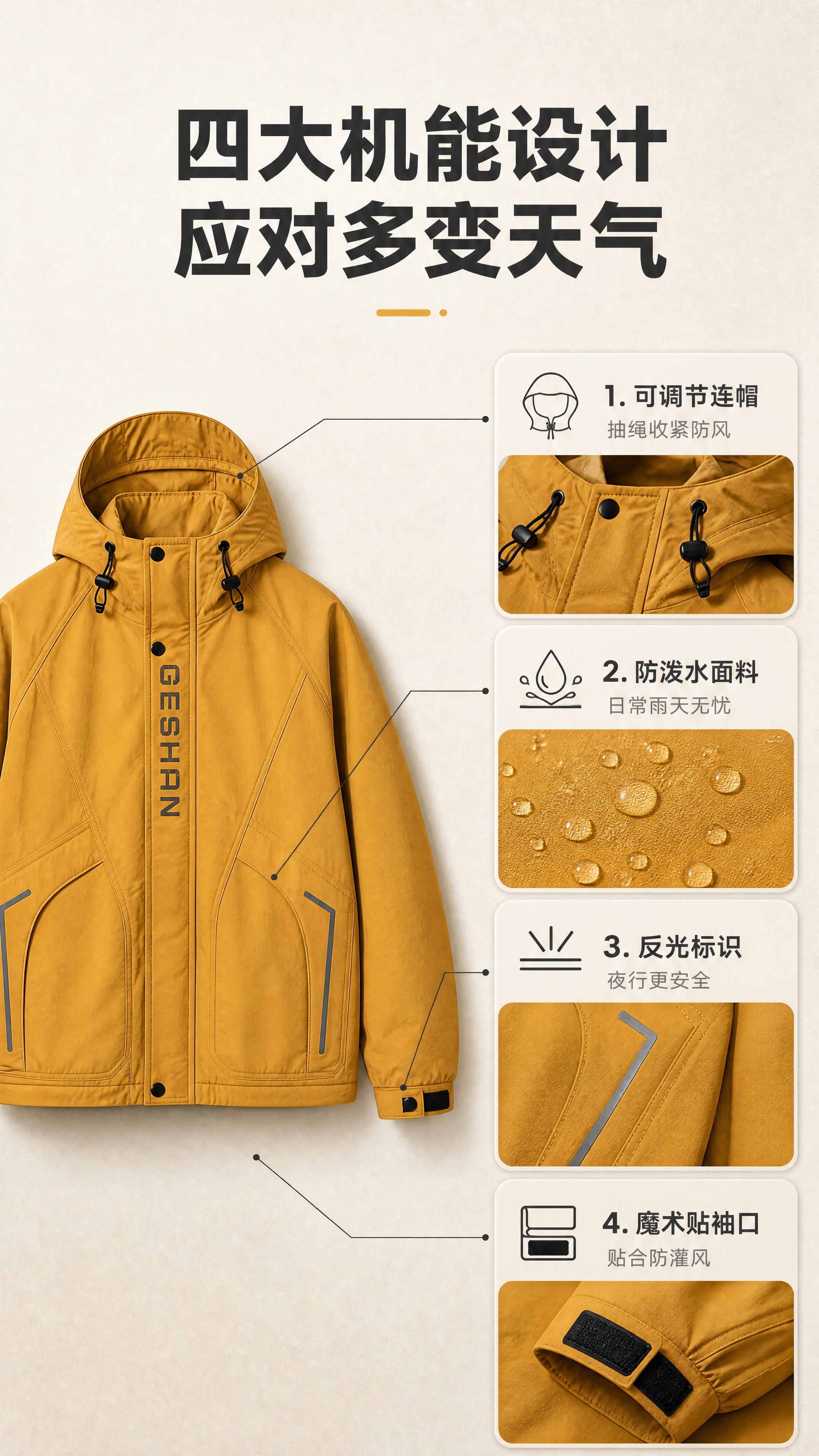 [商品] 使用【图1】姜黄色GESHAN连帽冲锋衣；商品处理：… - 图片创意预览