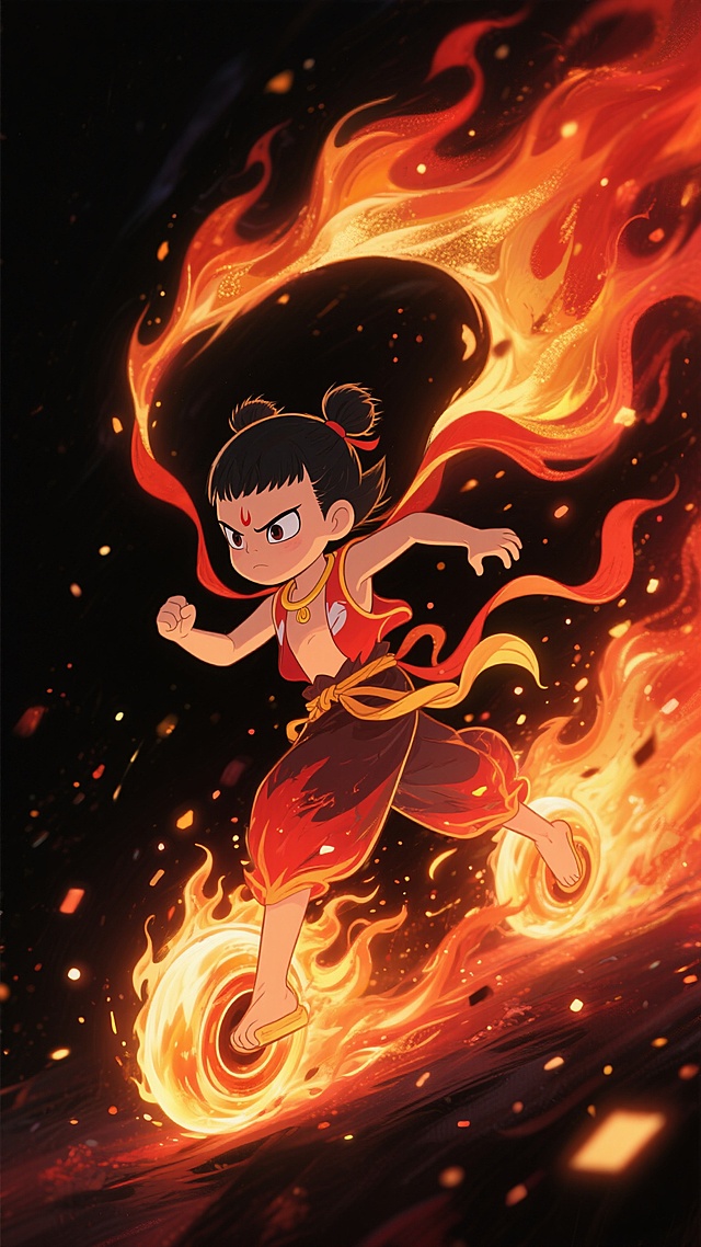 宫崎骏绘画风格，深邃黑色背景上，流动的火焰以抽象的形态呈现，火焰边缘柔和模糊，非具象化处理，主要由暖红色、橙黄色和少量金色的渐变光效构成，带有大量细小的火星和光斑随机散布，整体呈现出一种动感、热烈且神秘的氛围，光影层次丰富，具有强烈的视觉冲击力和梦幻般的质感，哪吒脚踏风火轮，从火中重生，眼神凌冽，表情坚定，向前冲刺