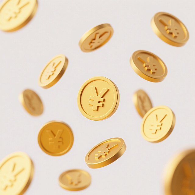 白色背景上，悬浮着多枚金色的人民币符号硬币，硬币呈现出不同的大小和旋转角度，部分硬币带有模糊的动态虚影效果，营造出轻盈飘逸的视觉感受，整体布局为不规则散落分布，硬币表面有细腻的光泽和立体感，色彩为明亮的金黄色调，光影过渡自然柔和。
