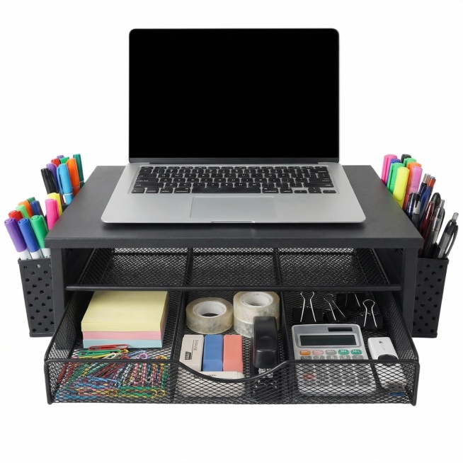 保持这个黑色收纳架原本的样式、角度和细节不变，收纳架放满日常办公用品，两侧笔筒放满马克笔，收纳架第二层抽屉保持三格分三列的结构不变，收纳架最顶部不要放物品，只在最顶部放置一台笔记本电脑，纯白色背景，保预览效果