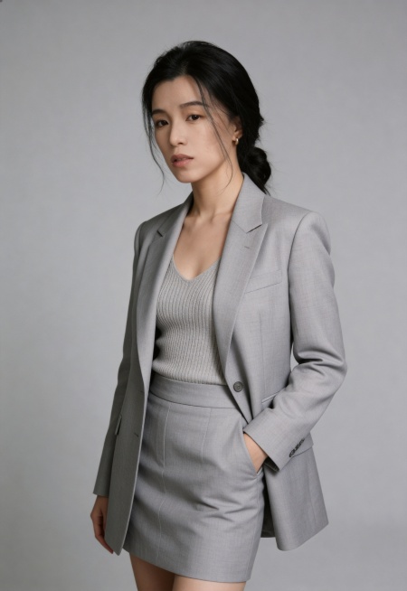 参考这张图片保留人物脸型发型年龄特征，生成一张人力资源总监的专业职场形象照，浅灰色西装外套搭配针织内搭和同色系西装半裙，左手插兜自然站姿，专业简约中度灰色纯色背景，柔和均匀光线，高清细节，专业精致质感预览效果