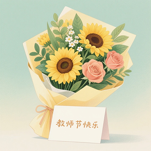 被淡黄色的纸包裹着的一大束包装好的花（向日葵、叶子、肉色玫瑰），前景有一张贺卡，上面写着“教师节快乐”，略微有些遮挡住花束。两者都完整出现在画面里的。背景是渐变的淡绿色。