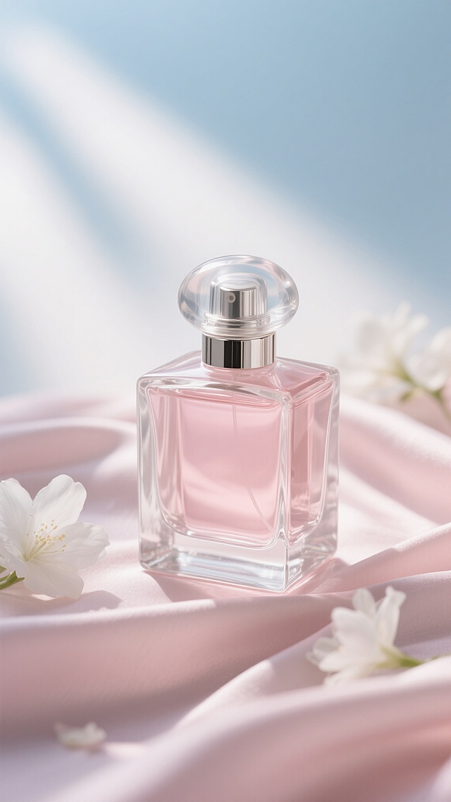 高清摄影风格，透明玻璃香水瓶，瓶身呈方形略带弧度，内装淡粉色液体，银色金属喷头与圆形透明瓶盖，瓶身置于柔和褶皱的浅粉色丝质布料上，布料上散落着几朵白色盛开的花朵，背景为渐变的浅蓝色调，带有柔和的光线斜射形成的光斑和阴影，整体营造出清新、优雅、浪漫的氛围，光线明亮柔和，突出香水瓶的透明质感与液体的色泽，画面构图简洁，主体清晰，细节丰富，具有高端香水广告的精致感与视觉吸引力。