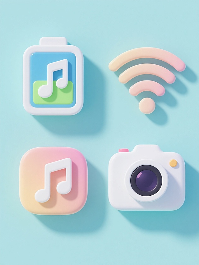 纯色背景，软3D风格设计，画面整体变换为清新明亮的色彩，保持元素类目，生成同风格、同类目4个完全不同元素内容的系列素材集合，规整排布，包括电池图标、音符图标、WiFi图标、相机图标，每个图标都具有圆润的边角和柔和的渐变效果，立体感通过微妙的阴影和高光表现，整体视觉统一和谐，简洁现代。